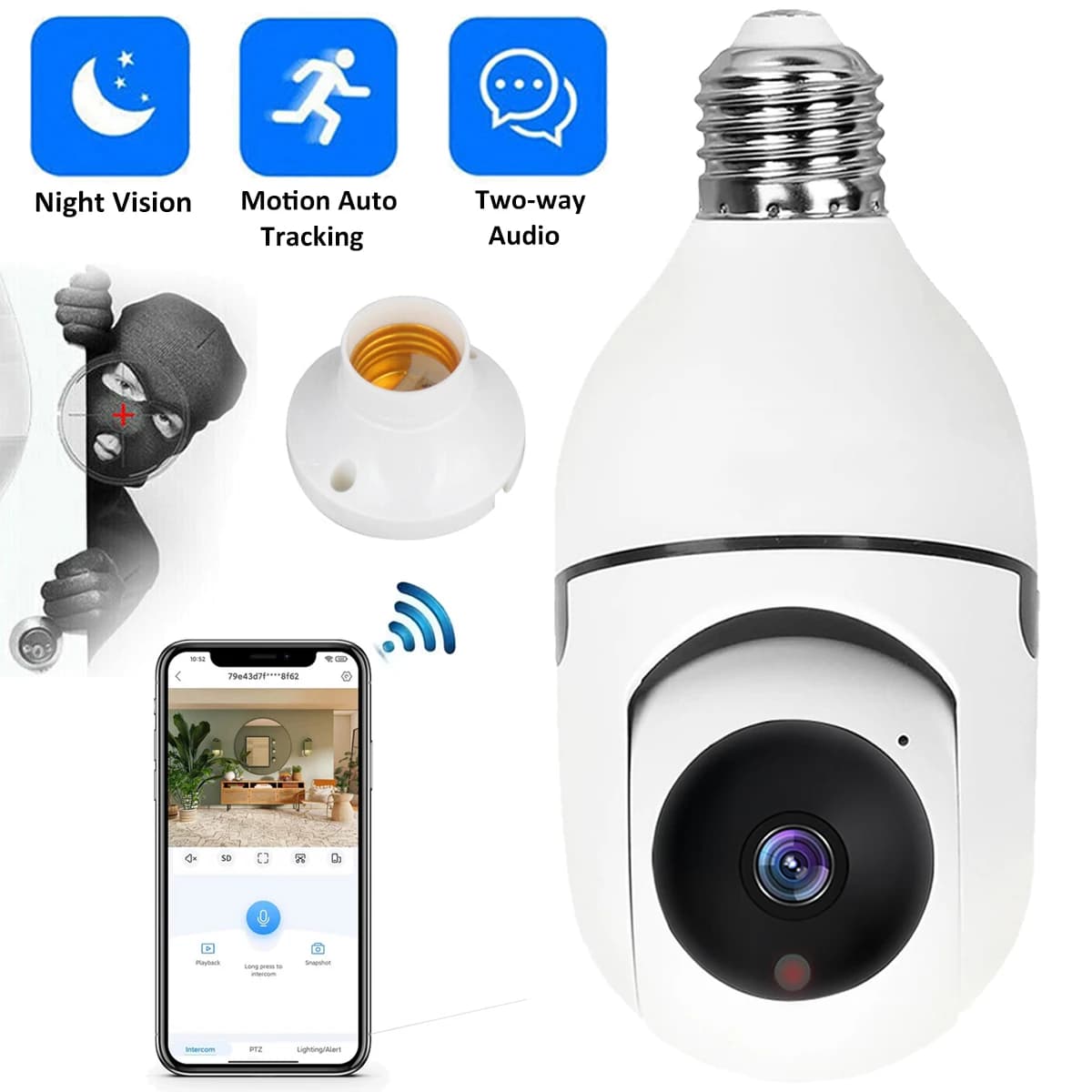 Lampadina E27 Smart Home con Telecamera di Sorveglianza WiFi, Visione Notturna IR, Audio Bidirezionale, Rilevamento Movimento PIR
