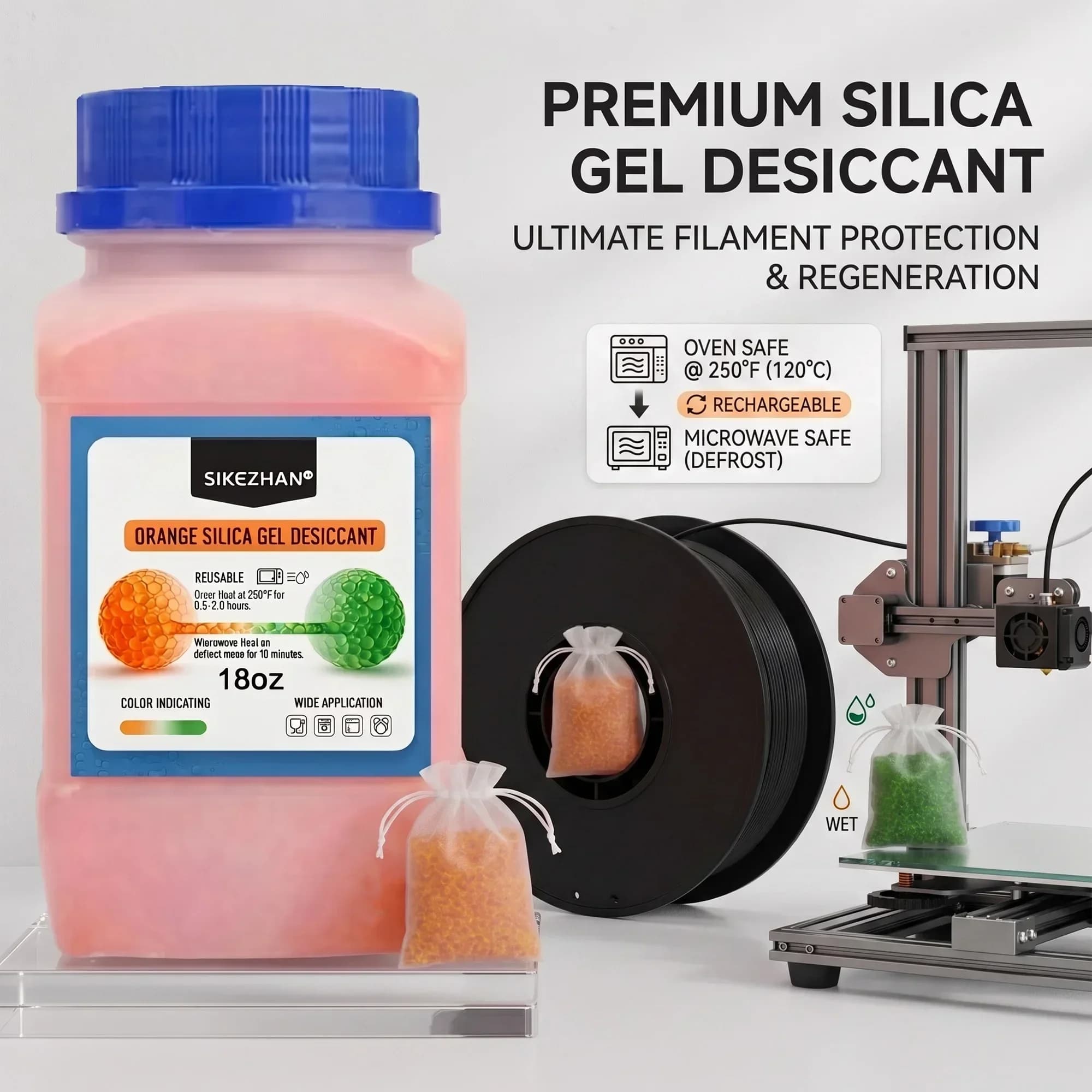 3D Printer Filament Desiccant Orange Silica Gel Beads Color Indicating Rechargeable Moisture Absorber for Dry Box Camera