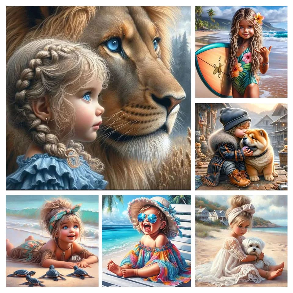 Kit di pittura artistica con diamanti Bambina e cane leone Ritratto Punto croce Ricamo Mosaico Diamante Ricamo Figura Decorazione da parete