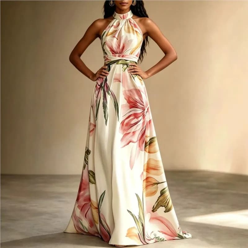 2026 Summer New Printed Halterneck Maxi Dress French Holiday Style Elegant Slim With Swing Prom Dresses For Women Robe Femal