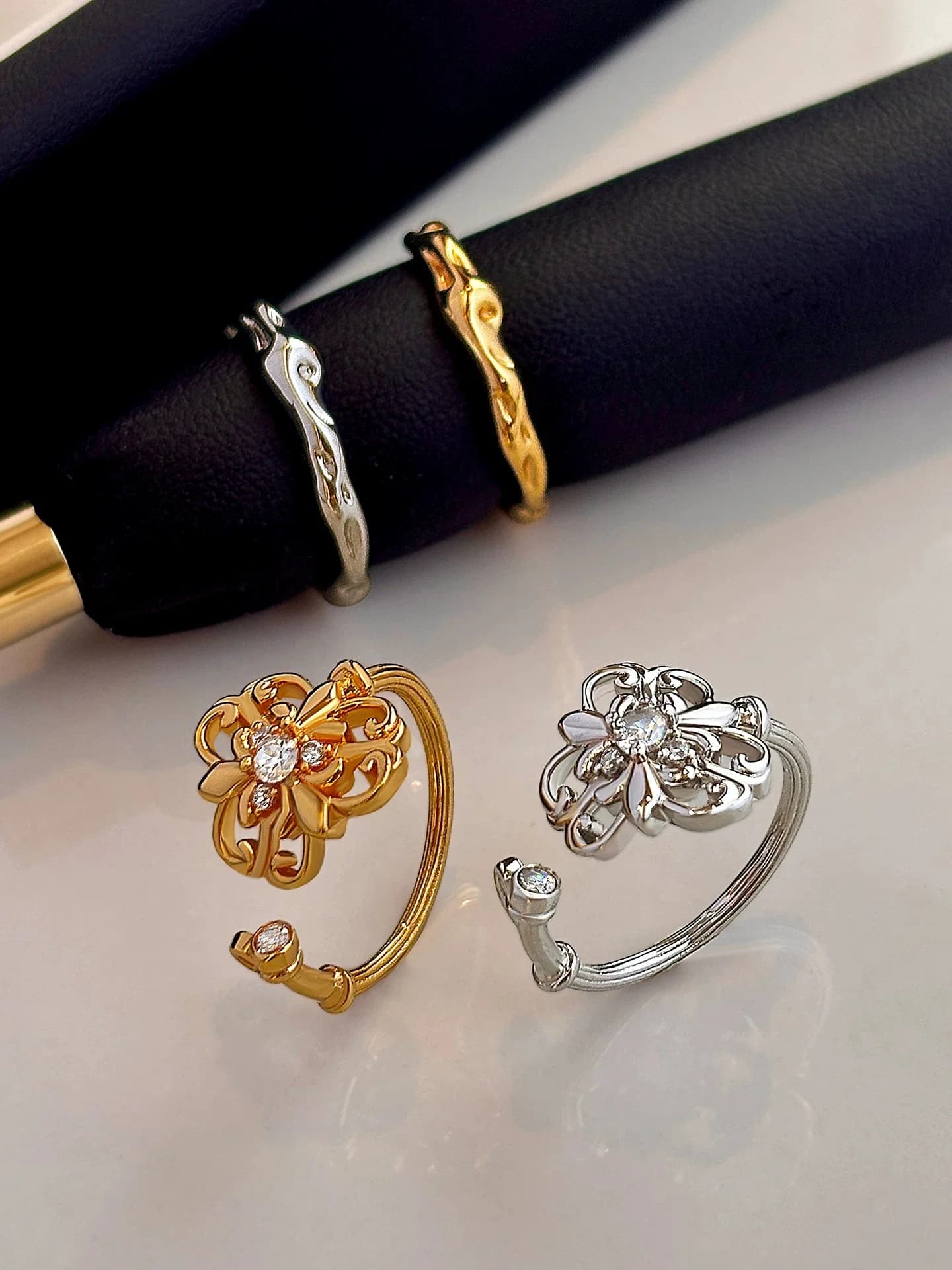 Vintage Open Hollow Flower Key Ring for Women Niche Middle Index Finger Ring Light Luxury High-end Exquisite Versatile Finger