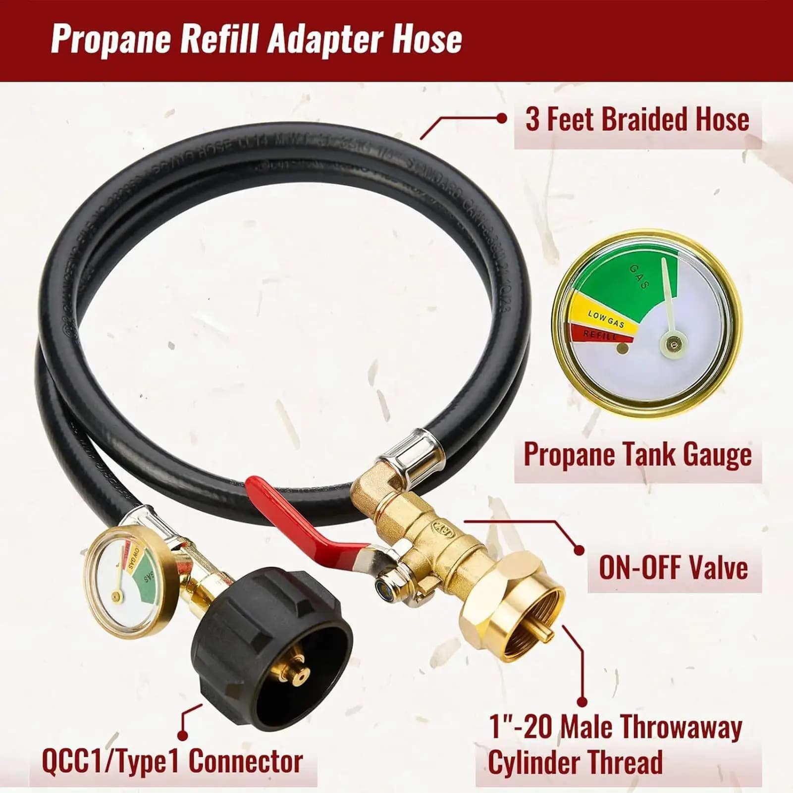 Adapter for Refill Tank with 3 Feet Pipe and Pressure Gauge, Brass Control Valve for 1 Librer, Pressure Monitor for Camping and Open Kitchen