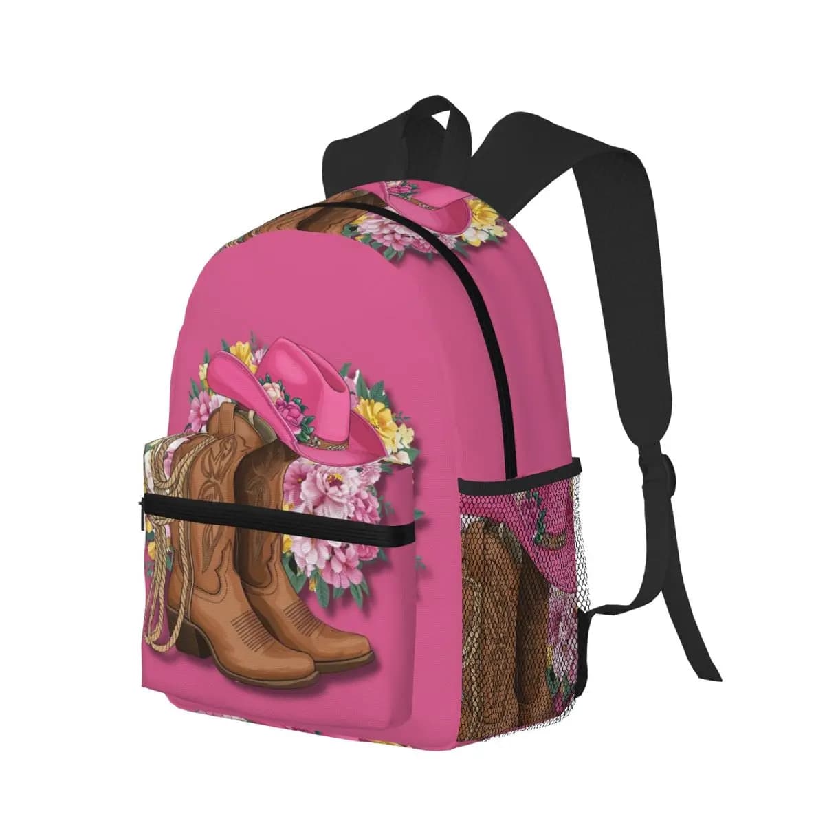 Stivali da cowboy western con cappello rosa e fiori, zaino per studenti, borsa da scuola, zaino da escursionismo per ragazzi e ragazze, borsa a tracolla