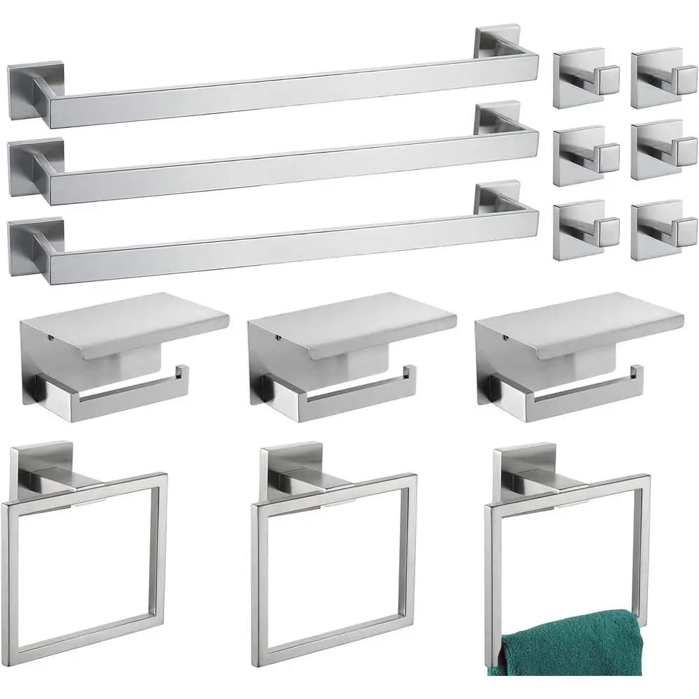 Set di Accessori per Bagno 15 Pezzi in Nichel Spazzolato, Set Portasciugamani in Acciaio Inox SUS304 Include 3 Portasciugamani da 24 Pollici + 3 Porta Asciugamani