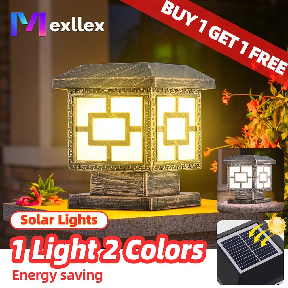 Outdoor LED Solar Stigma Pole Cap Lights, Waterproof and 2 Color Modes, Garden Landscape Pillar Front Lamp, Patio, Route