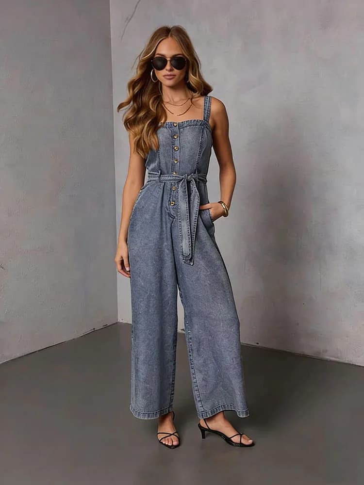 2026 vintage women's denim suits, new casual sleeveless suits with laces, fashionable jeans pants with High Street style buttons