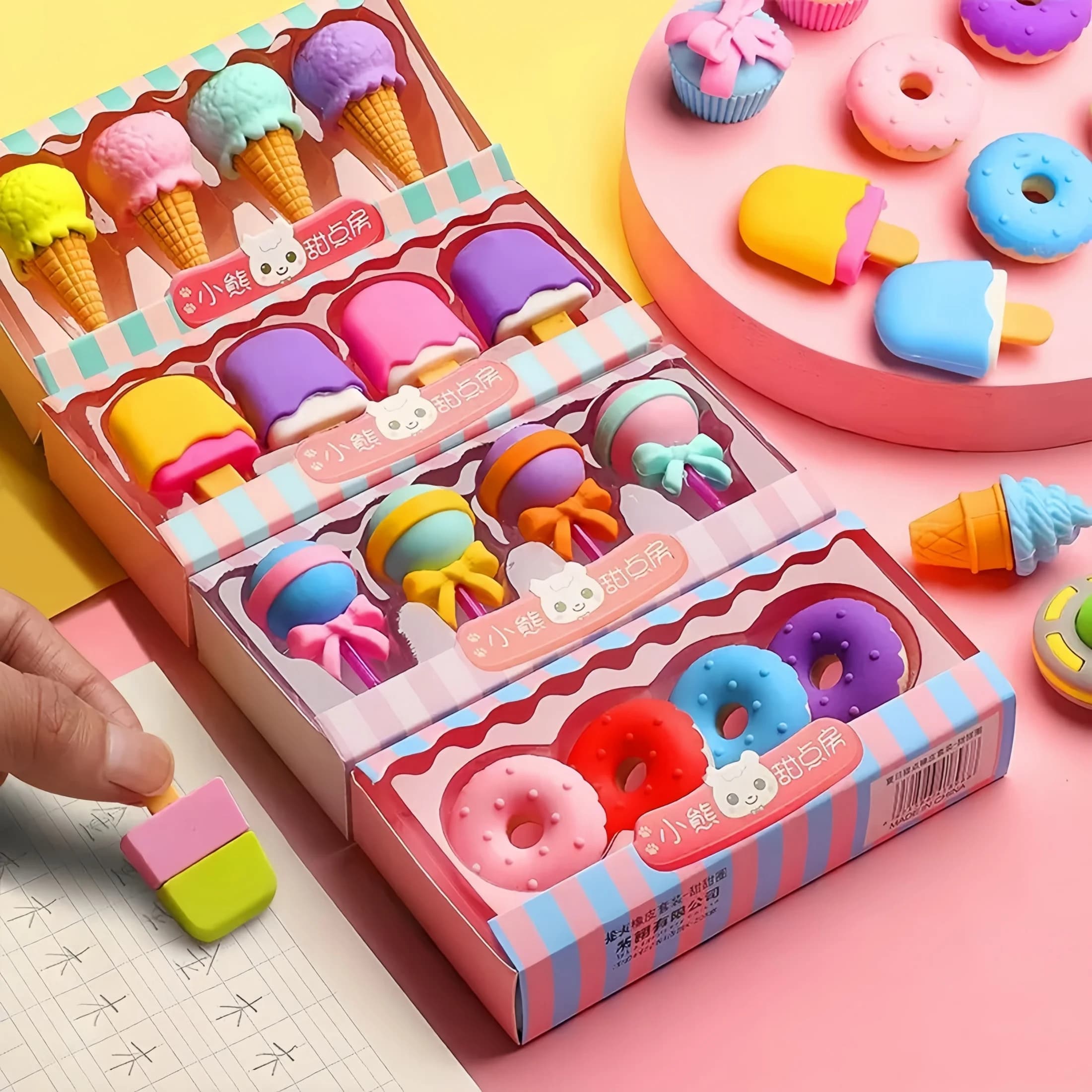 4 Pieces/Box Candy-Colored Ice Cream Erasers Gift Box, Dessert Lollipop Eraser Set, Gift Stationery Erasers