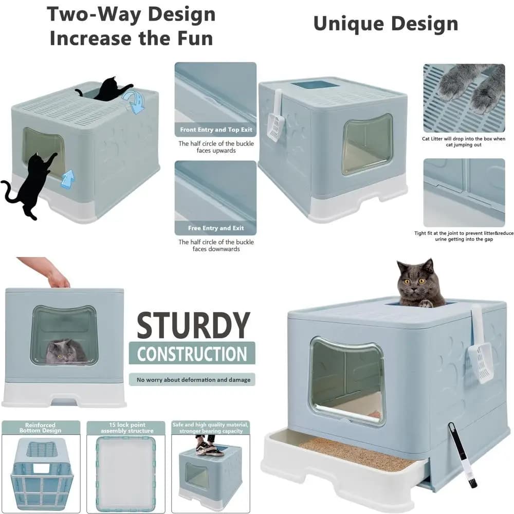 Lettiera per Gatti Chiusa Jumbo con Coperchio - Toilette con Ingresso Superiore - Anti-Schizzi - Include Paletta e Spazzola per la Pulizia (Blu)