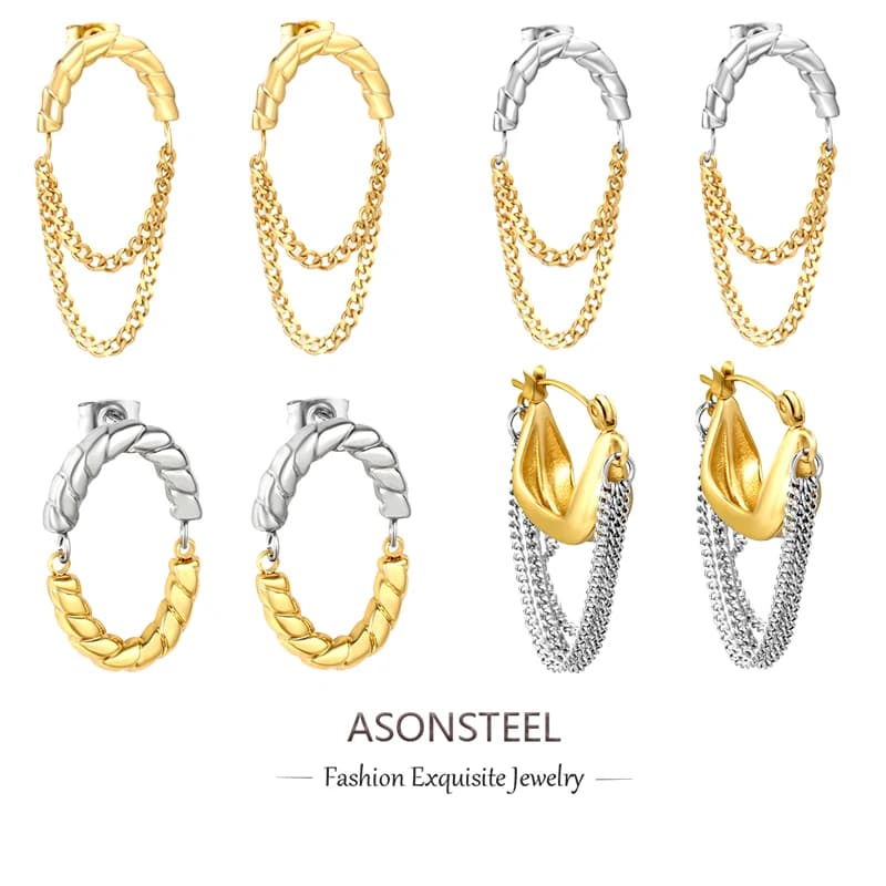 ASONSTEEL Trendy Chic Drop Earrings Gold Mixed Steel Color Stainless Steel Waterproof Tassel Chain Hoop Earrings Jewelry Gifts