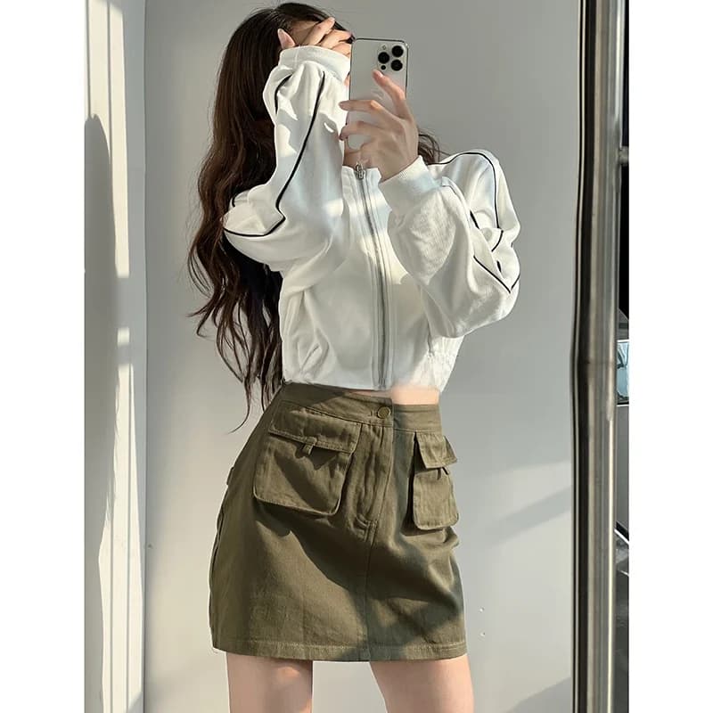 Giacca Sportiva Casual Stile College Americano da Donna, Cardigan Corto Autunnale a Maniche Lunghe con Cerniera, Ricamo con Lettere e Colletto Alto