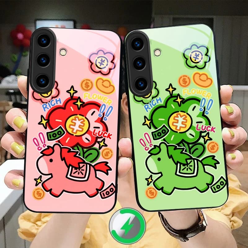 Custodia per telefono in vetro con pony rosa portafortuna a tema cartone animato per Samsung Galaxy S26 S20 FE S21 S22 S23 Plus S24 Ultra 25 Edge S24Ultra compatibile con Magsafe