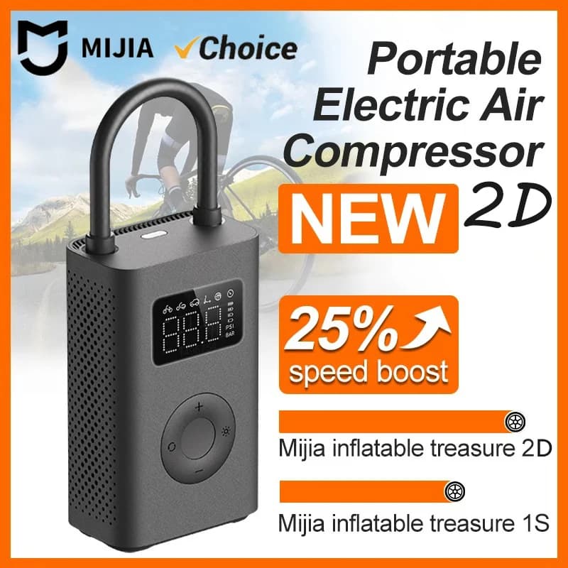 New Mijia 2D Air Pump with 25% Speed Increase, Portable Electric Air Compressor, 150PSI, Type-C, LED, Multifunction -CN