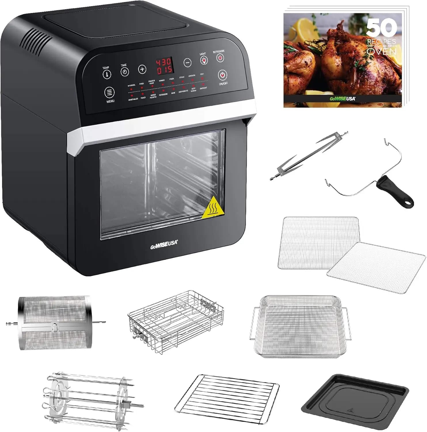 Deluxe 15-in-1 Electric Air Fryer Oven, 12.7 Quart Capacity, with Rotisserie, Dehydrator, and 50 Included Recipes, Black/Silver