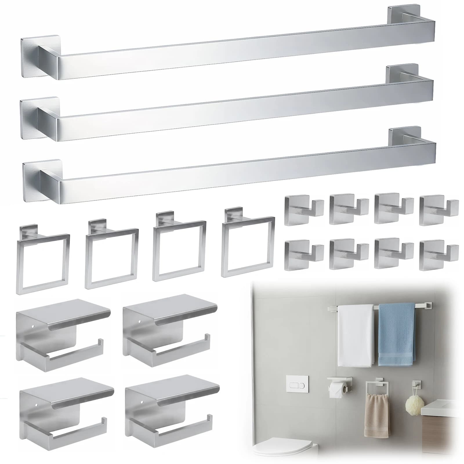 Set di 20 Accessori per Bagno Montati a Parete, Set Portasciugamani in Acciaio Inox, Porta Carta Igienica, Anello, Gancio