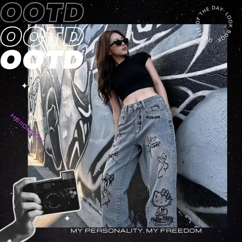 Cute Keiokitty Rhinestone Graffiti Street Y2K Fashion Trend Personality Hip Hop Casual Womens Mid Rise Cartoon Style Jeans