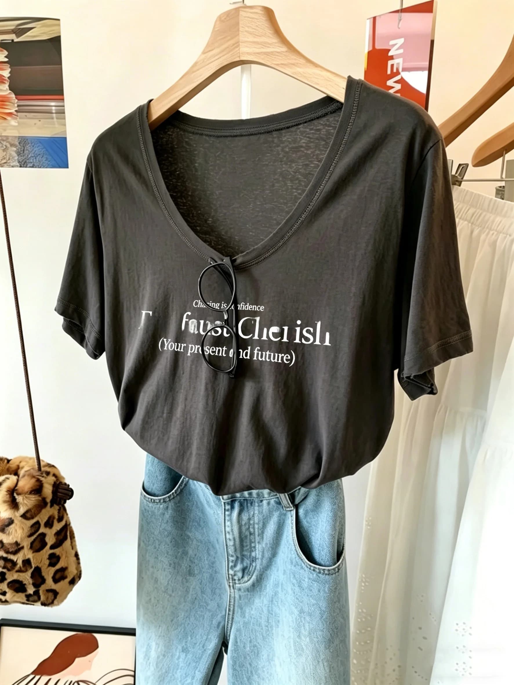 Summer Thin Short Sleeve U-Neck T-Shirt Women's Bare Sensation Goose Egg Vintage Style Soft Comfortable Versatile Slimming Top