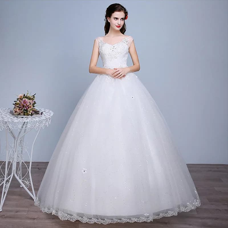Abiti da sposa per donna Abito da ballo con lacci Abito da festa in pizzo lungo fino al pavimento Abito da sposa bianco Una linea Abiti da sposa
