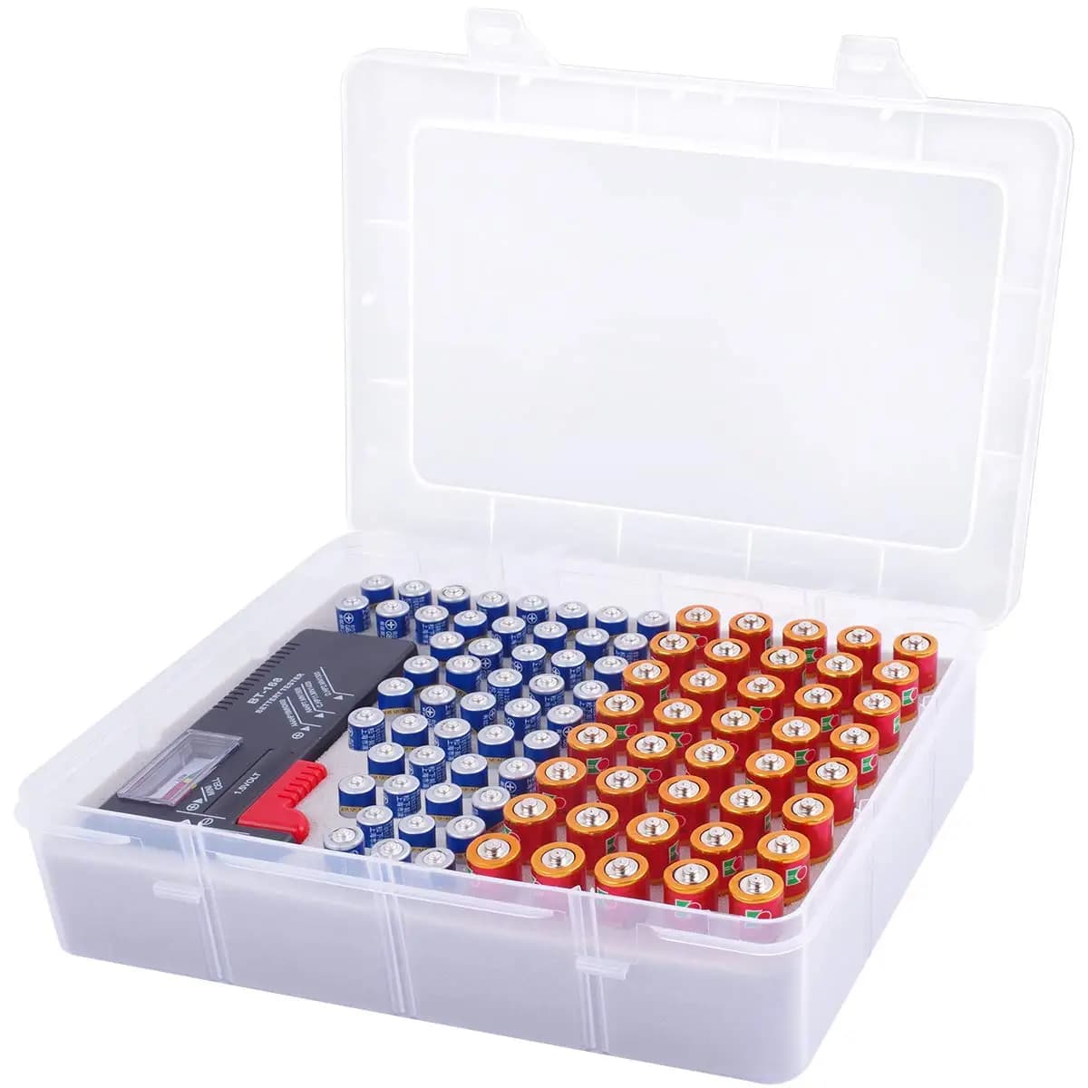 Battery holder box with battery tester, garage case, container case, contains over 90 batteries 40 AA