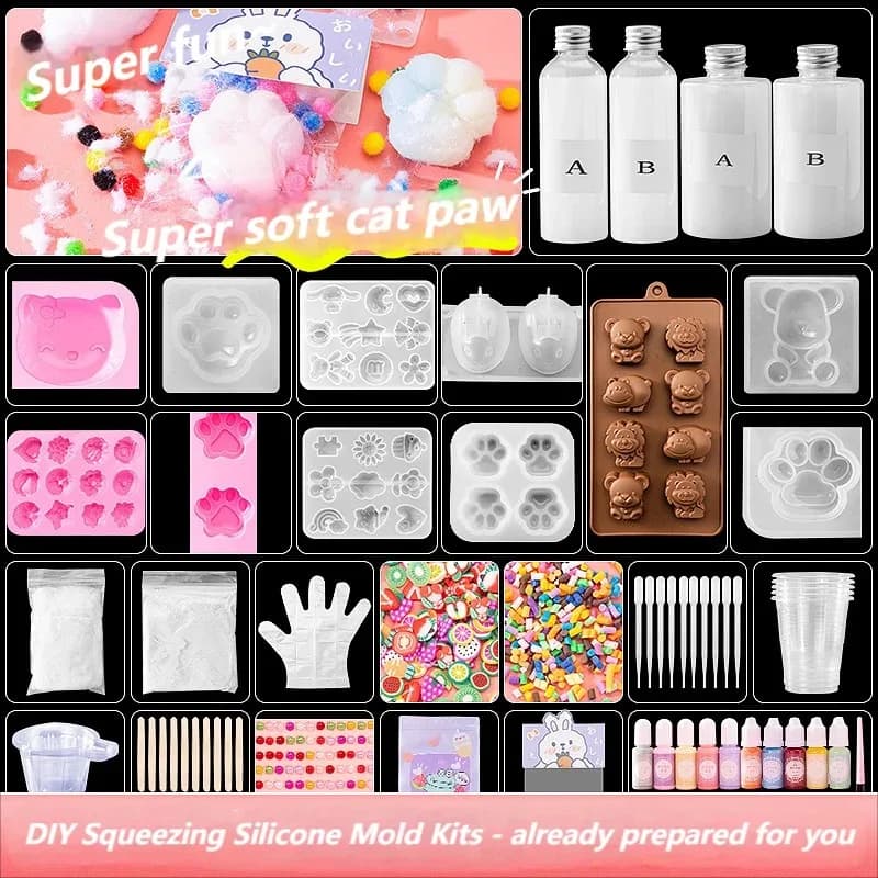 Liquid Silicone Cat Paw Rabbit Mold DIY Stress Relief Soft Slime Maker Kit for Kids Craft Creative Educational Toy AB Glue Set