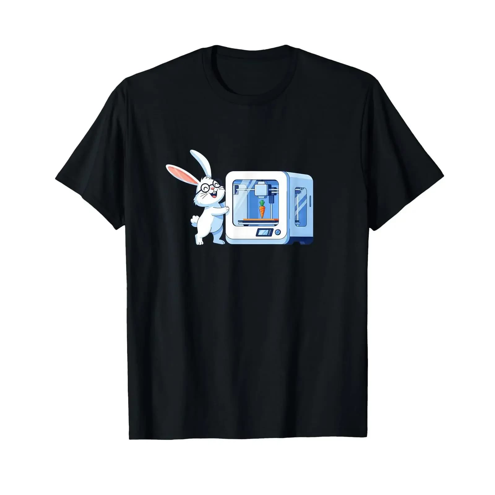 Smart Cartoon Rabbit with 3D Printer and Carrot T Shirt vintage Washed fashion designer clothes Versatile streetwear graphic
