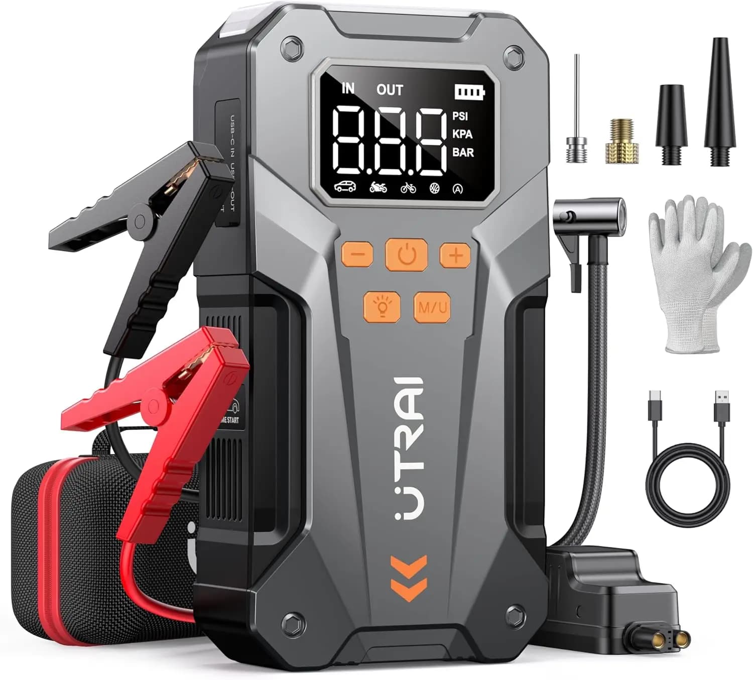 Avviatore di Emergenza 5000A con Compressore d'Aria, Portatile 12V per Auto fino a 10L, Include Luce LED e Custodia