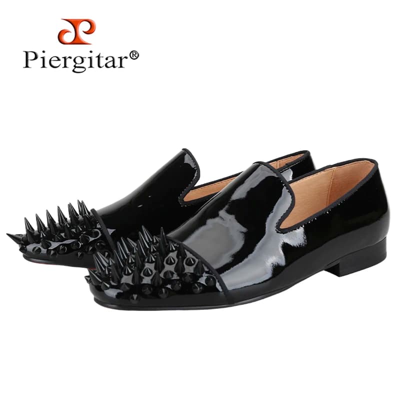 Piergitar New black painted leather men's loafers with long and short tip for slip-on apartments with red sole handmade for fashionable parties