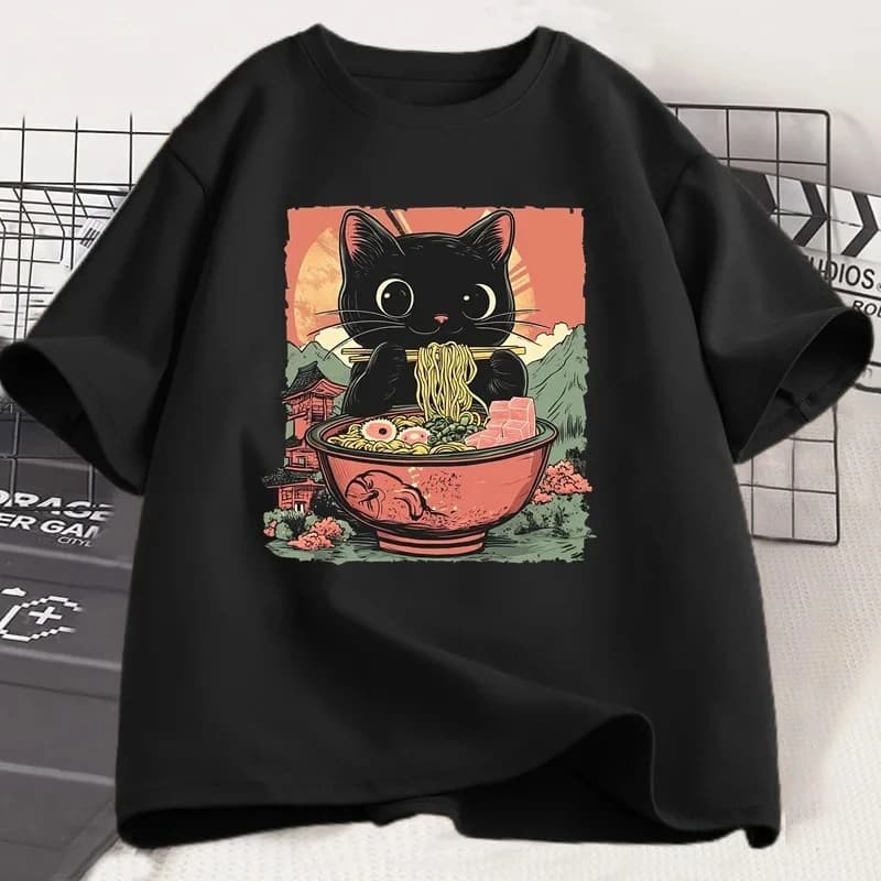 Cute Black Cat Eats Lamian Noodles T-shirt Women's Cute Pattern T-shirt Gourmet and Cat Lover T-shirt Animal Print T-shirt Top