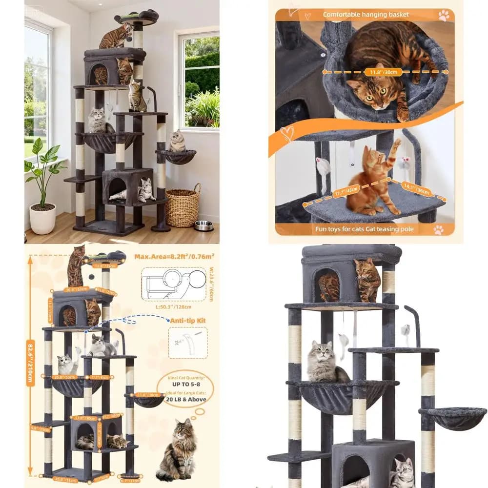 Albero per gatti resistente di taglia XXL per gatti di grandi dimensioni oltre 20 libbre, 2 lattine e 8 tiragraffi, amache in metallo, grigio fumo