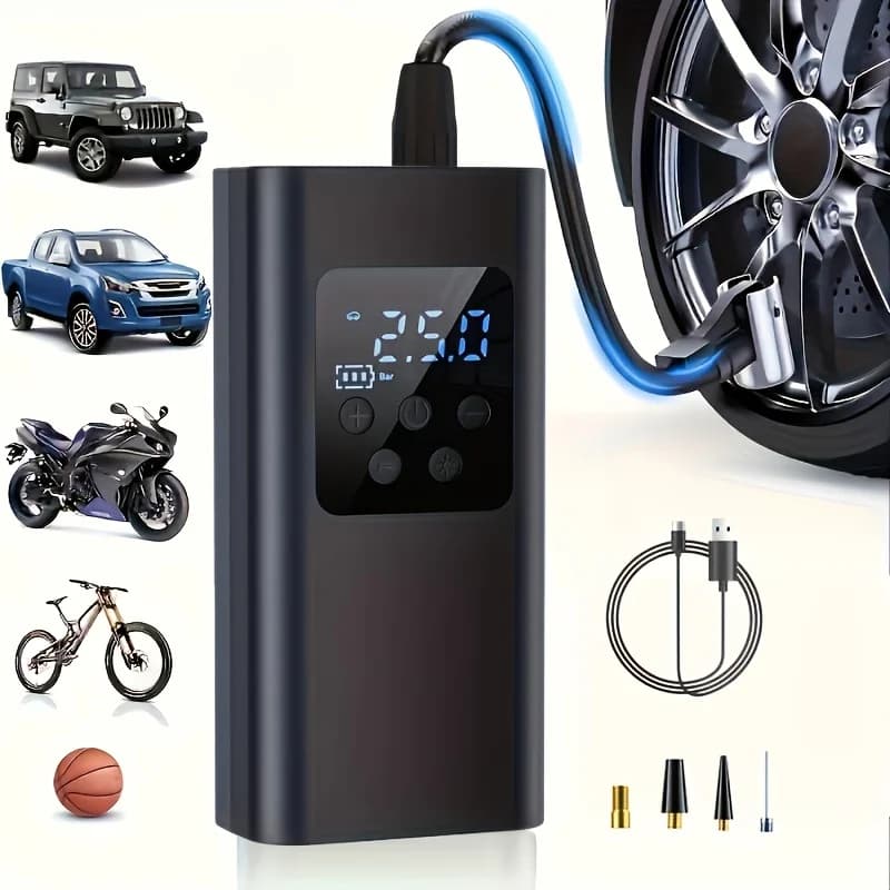 Gonfiatore per Pneumatici Digitale Portatile Wireless con Display, Gonfiaggio Rapido One-Touch e Luce LED per Auto, Moto e Bici