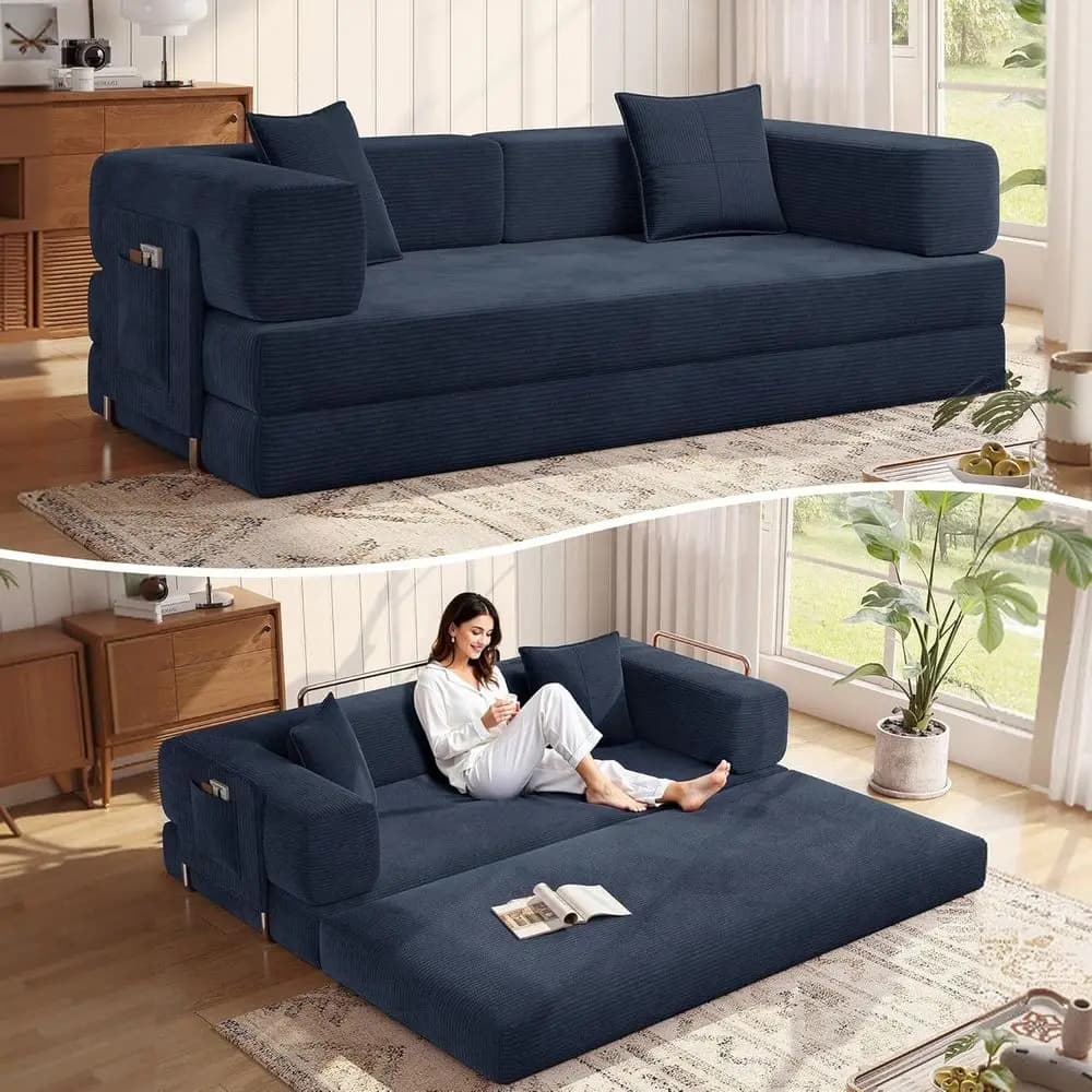 Divano Letto in Velluto a Coste Blu con Braccioli Imbottiti, Convertibile e Pronto all'Uso