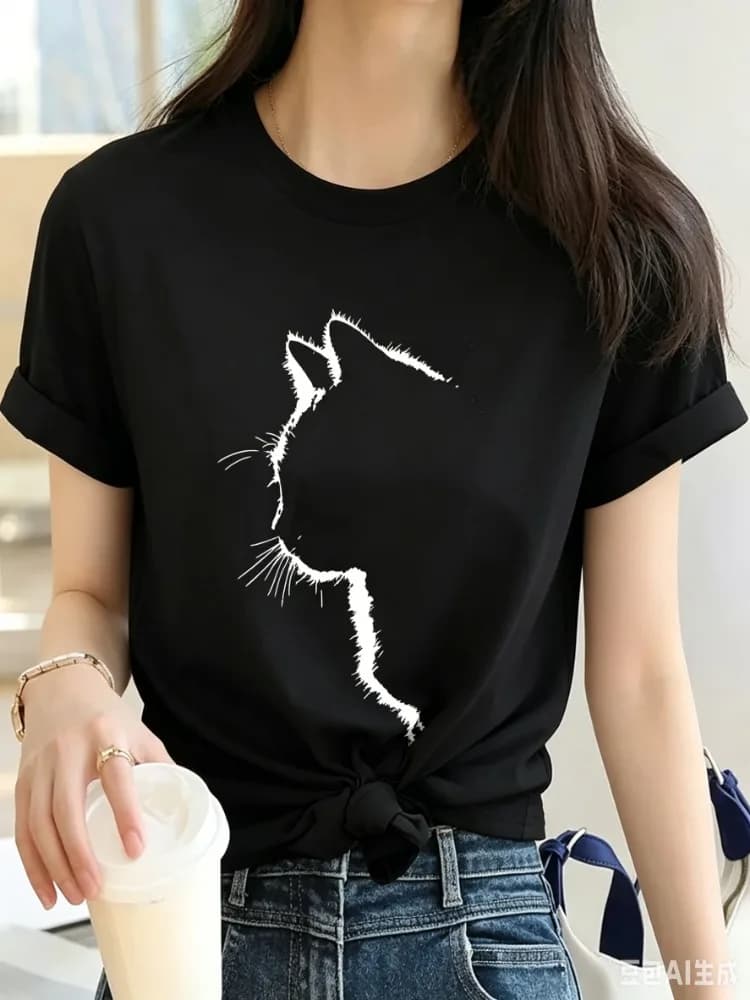 Kawaii Cat Print Fashion T-shirt Vintage Women's Casual Graphic Short Sleeve T Shirt Clothing Summer Spring Top Tee