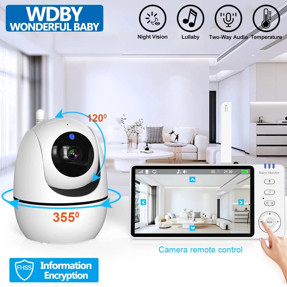 Baby monitor video da 5 pollici con telecamera PTZ con zoom 2x Babyphone Protezione di sicurezza Telecamere di sorveglianza Sensore di temperatura per ninne nanne