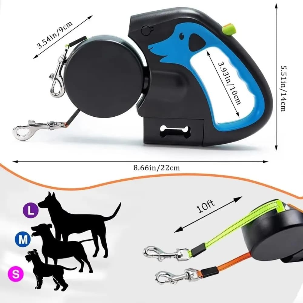 Guinzaglio Retrattile Riflettente per Cani, Funzionamento con Una Mano, Doppio Guinzaglio, Lunghezza 3M, Girevole a 360°, Automatico