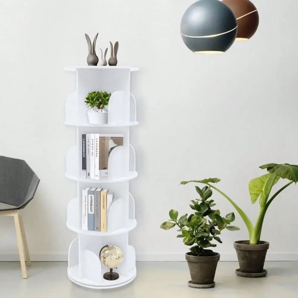 LINSIE 4 Layers 360 Rotating Bookshelves, Floor Standing Bookshelf Storage Shelf Nordic Style Bookshelf Organizer Freestanding