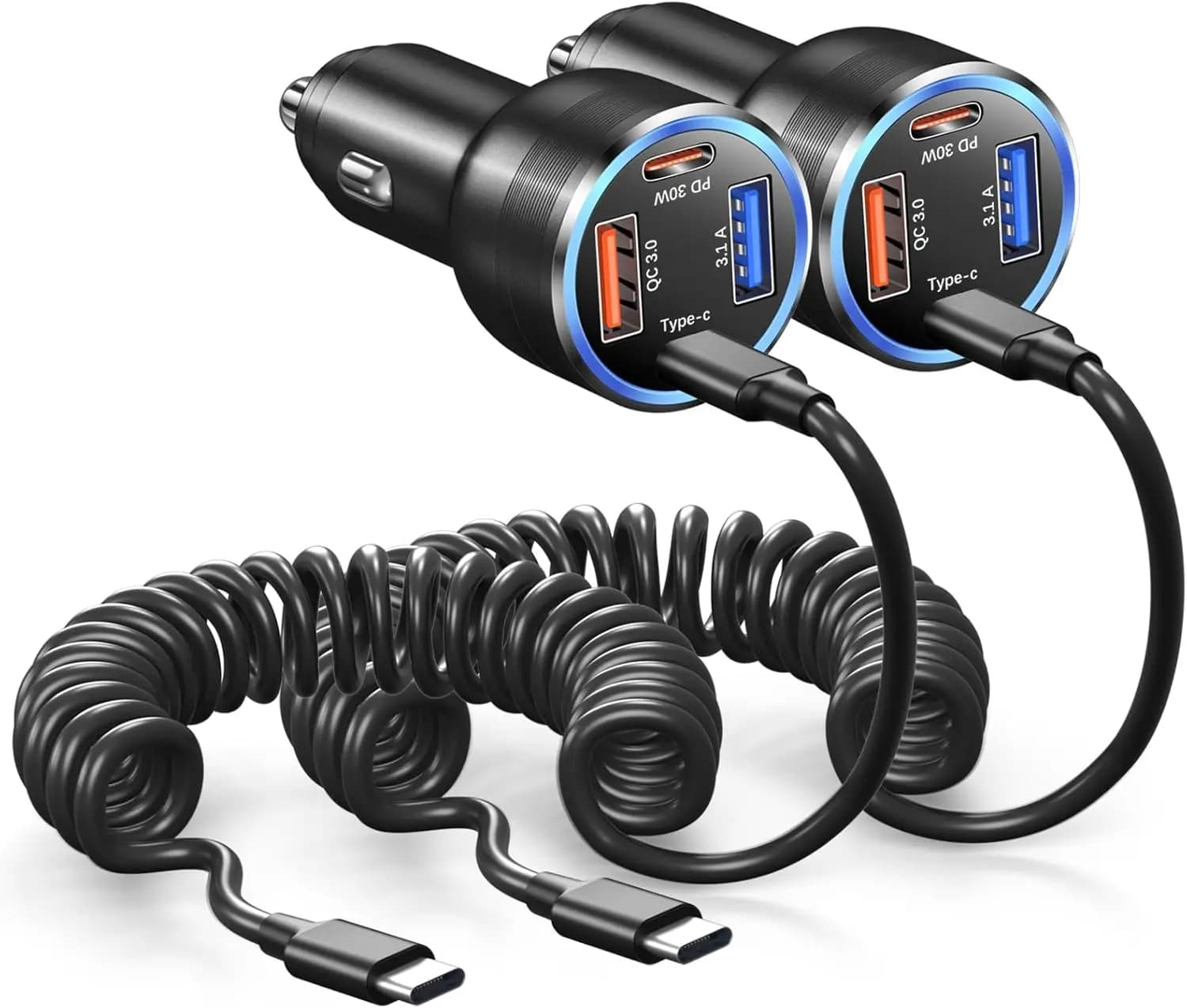 Caricabatterie Auto Super Veloce 65W, Confezione da 2, Adattatore USB C a 4 Porte per Samsung Galaxy S26 S25 S24 S23 S22 Ultra + Cavo a Spirale da 5FT