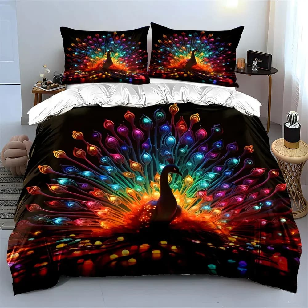Colorful Peacock Ornament Gift Set Soft Comfortable Duvet Cover Bedding Set Included 1*Duvet Cover & 2*Pillowcases, gift