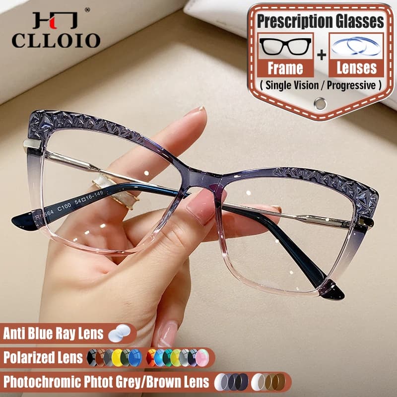 CLLOIO Occhiali da vista progressivi con filtro di luce blu geometrico semplice Cat Eye Occhiali da vista ottici fotocromatici per miopia da donna