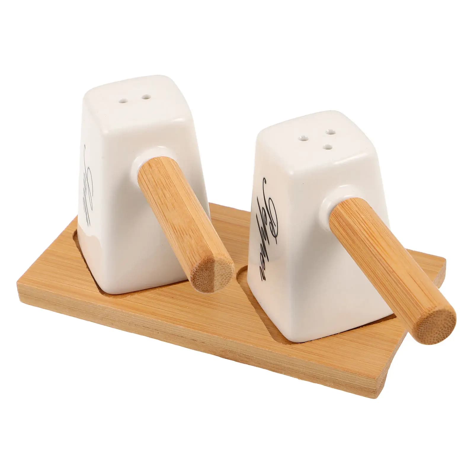 1Set Ceramic Spice Jar Set 85Ml Salt Pepper Shakers with Wood Handle Tray Stylish Condiment Containers for Modern Kitchen Dining