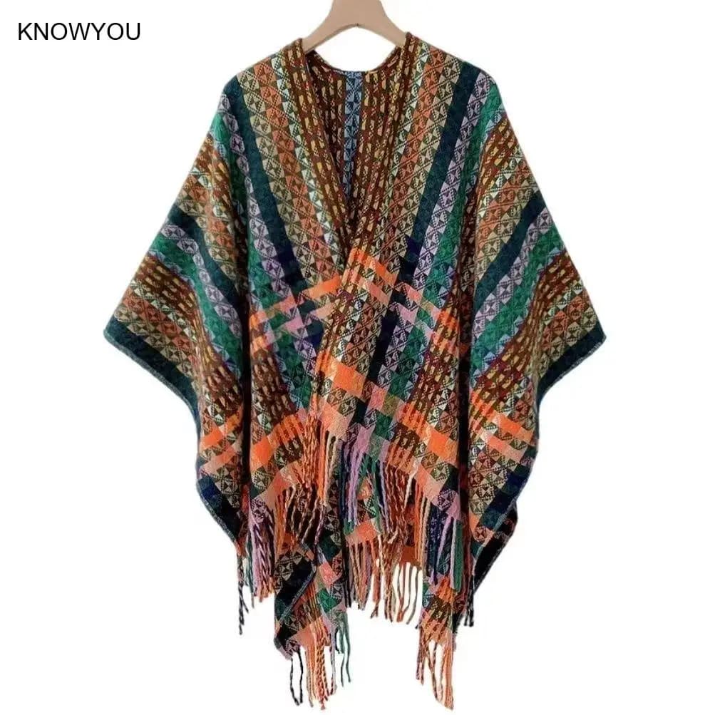 Colorfu Plaid Cloak Women Big Size Fringed Pashmina Bohemian Style Cape Warm Echarpes Autumn Winter New Cloaks Lady Scarf