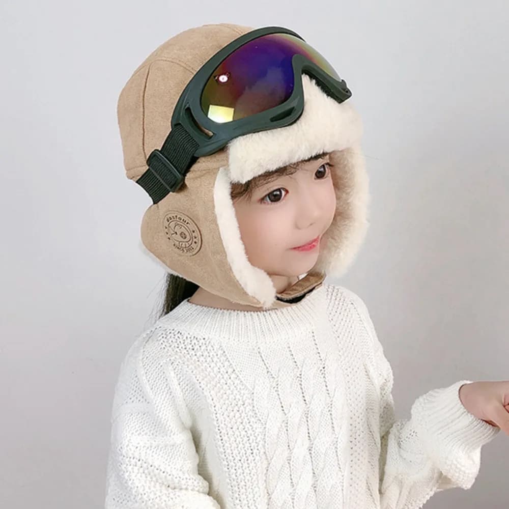 Cappello da Sci alla Moda con Occhiali Integrati, Simpatico Berretto da Pilota Morbido e Spesso con Orecchie da Orso, Invernale