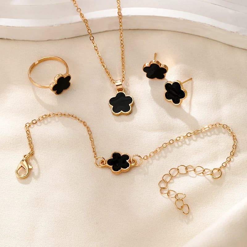 New Romantic 5 Flower Petal Pendant Necklace Set for Women Stud Earring Bracelet Ring Combination Jewelry Party Gifts