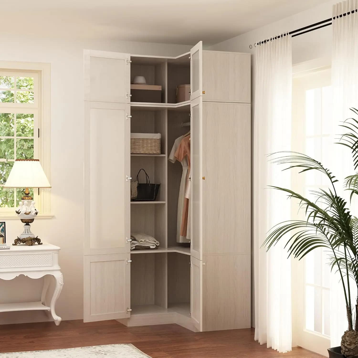 L cabinet in wood with Satin Glass Door, Clothes rack, shelves and Superior Bedroom Cabinet 35.4x35.4x86.6 Customizable