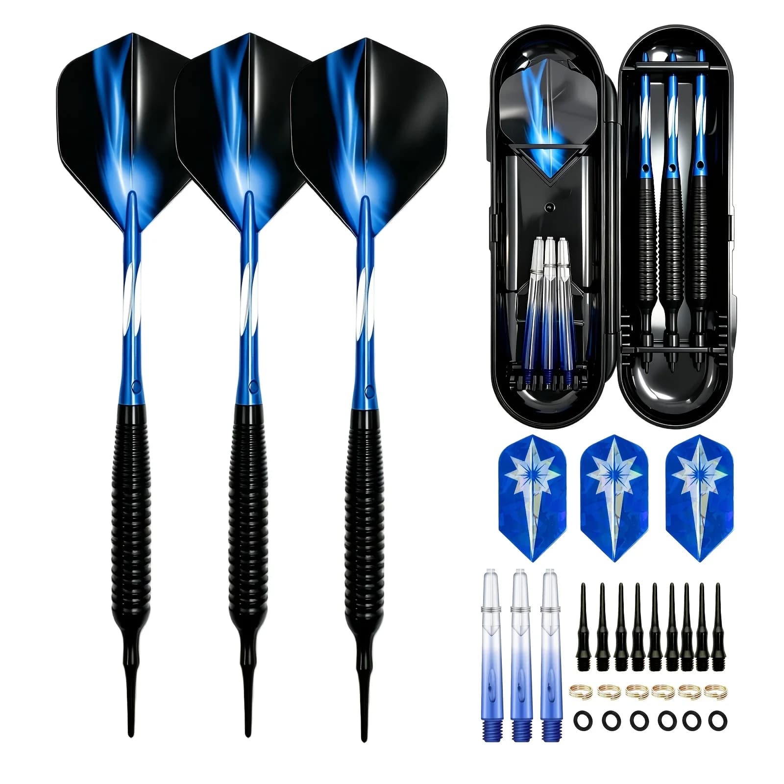 Premium Soft Tip Darts Set,Brass Knurled Barrels, Aluminum Alloy Shafts, PET Holographic Dart Flights, Spare Shafts & Flights。