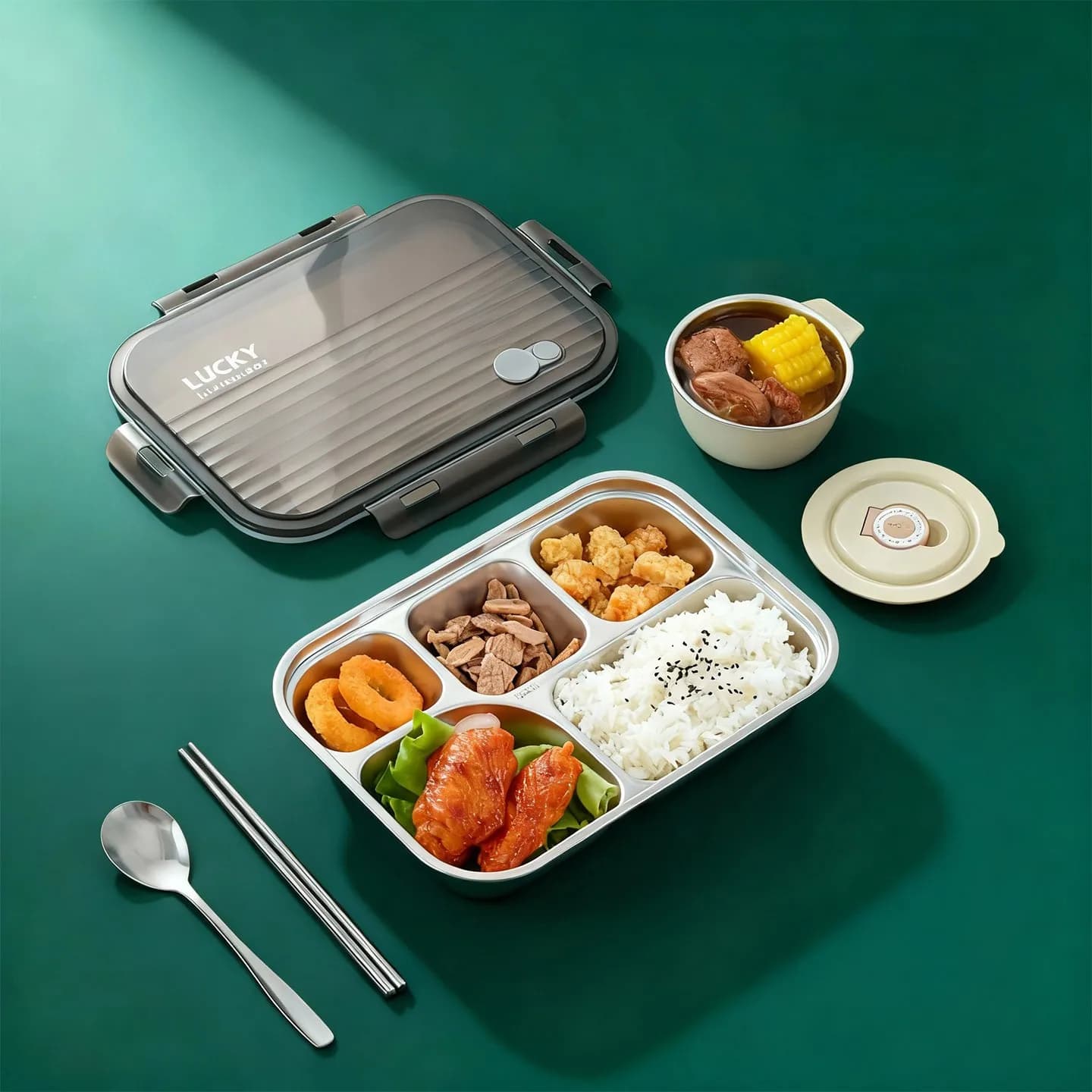 Contenitore per il pranzo in acciaio inossidabile 304, portatile, sigillato, con scomparti, per frutta, insalata e cibo, per bambini e studenti, con coperchio.