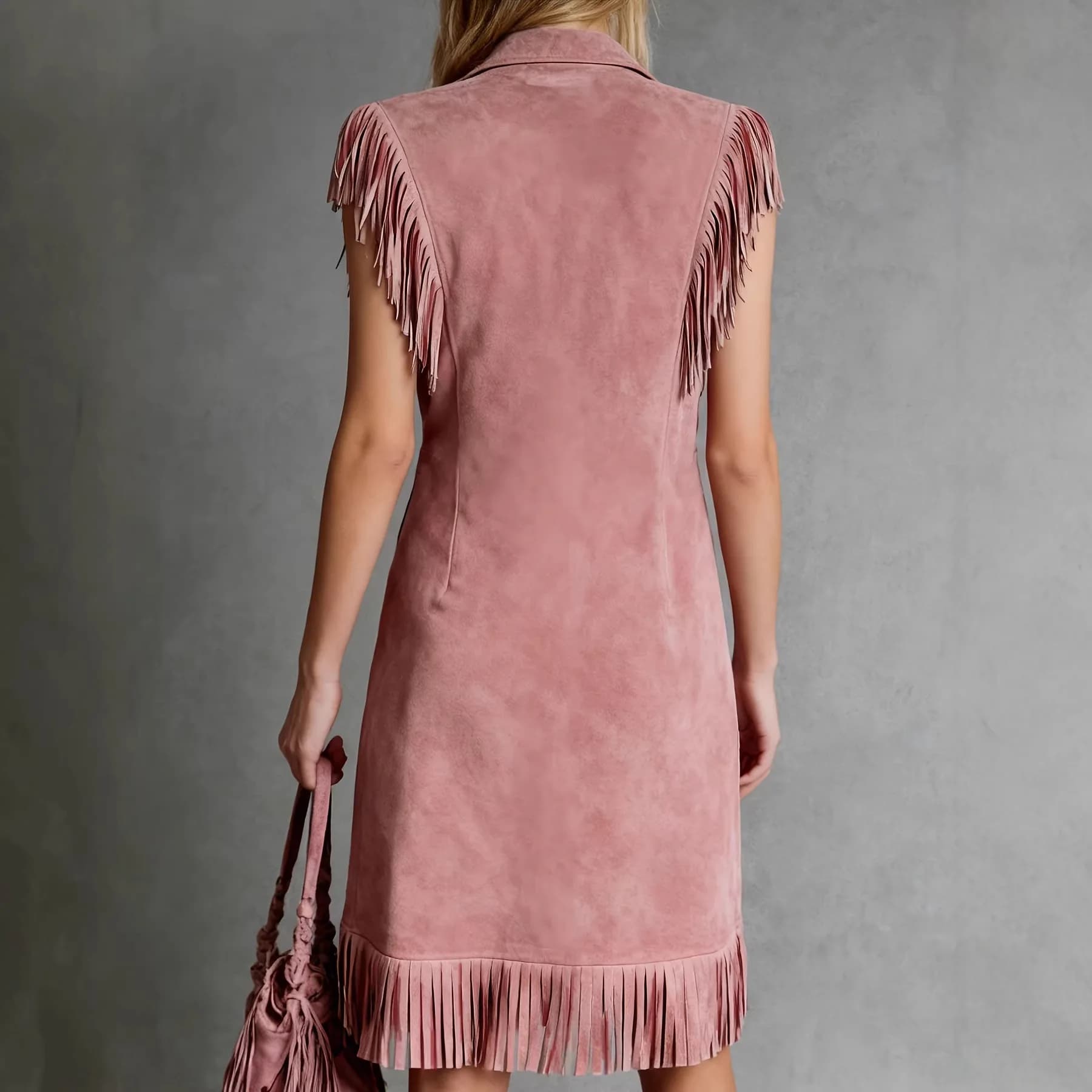 Pink Suede Fringe Dress Western Style Half Zipper Slim Short Sleeve Flip Collar Short Skirt Women's Straight Cut Summer Dress