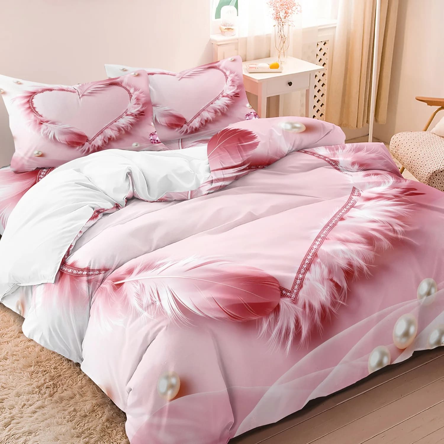 Set copripiumino con piume rosa, cuore, perle e diamanti, 3 pezzi, adatto a tutte le stagioni e confortevole per le coppie