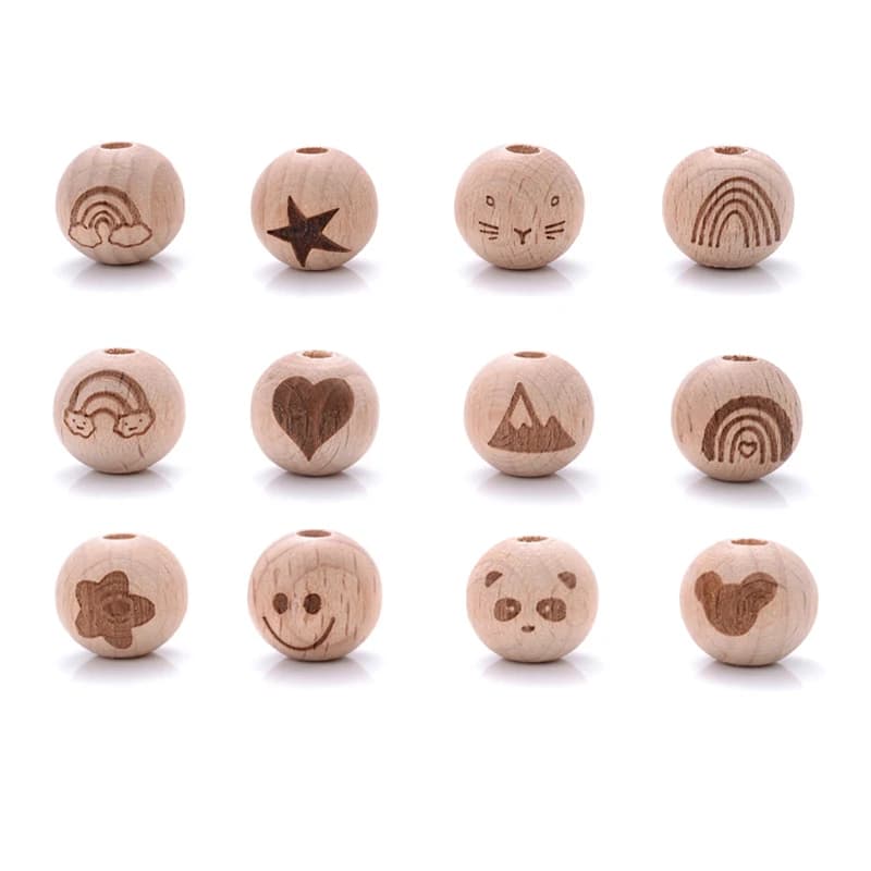16mm 10 pezzi perline di faggio massaggiagengive in legno arcobaleno animale fronte-retro stampato perline massaggiagengive rotonde per ciuccio dentizione collana catena
