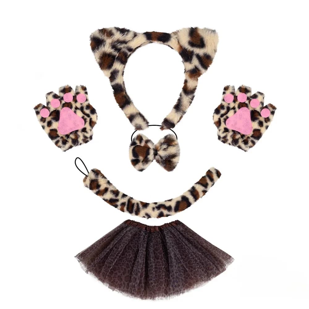 Costume da Gatto, Ghepardo o Leopardo per Halloween per Ragazze e Donne, con Fascia per Capelli, Orecchie, Coda, Gonna e Fiocco Tutu, Accessori per Cosplay e Feste di Compleanno