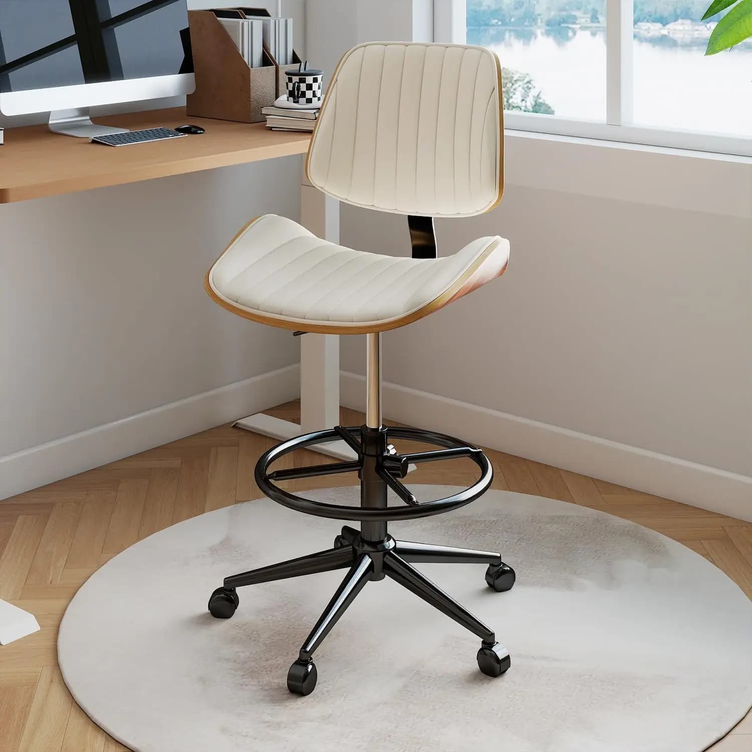 Ergonomic Drafting Chair with Walnut Back, Adjustable Height, Thick Cushion, Beige