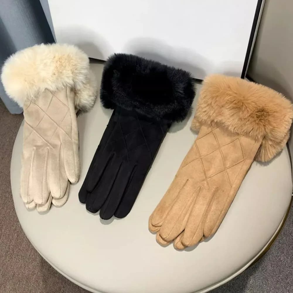 Guanti invernali foderati in pile in pelle scamosciata Peluche Mantieni caldi Guanti touch screen Tinta unita Guanti da ciclismo da donna con dita intere all'aperto
